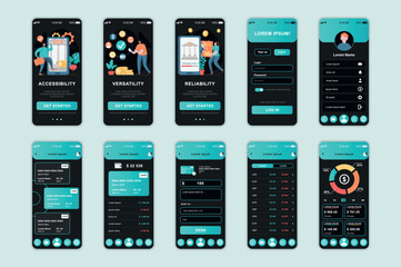 Banking concept screens set for mobile app template. People manage financial account, paying and investing money. UI, UX, GUI user interface kit for smartphone application layouts. Vector design