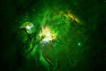 Fototapeta na wymiar Green space nebula in dark space. Elements of this image furnished by NASA