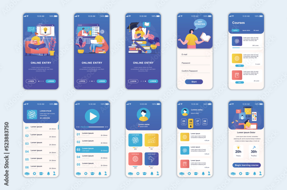 Fototapete education concept screens set for mobile app template. people learning at online courses, remote stu