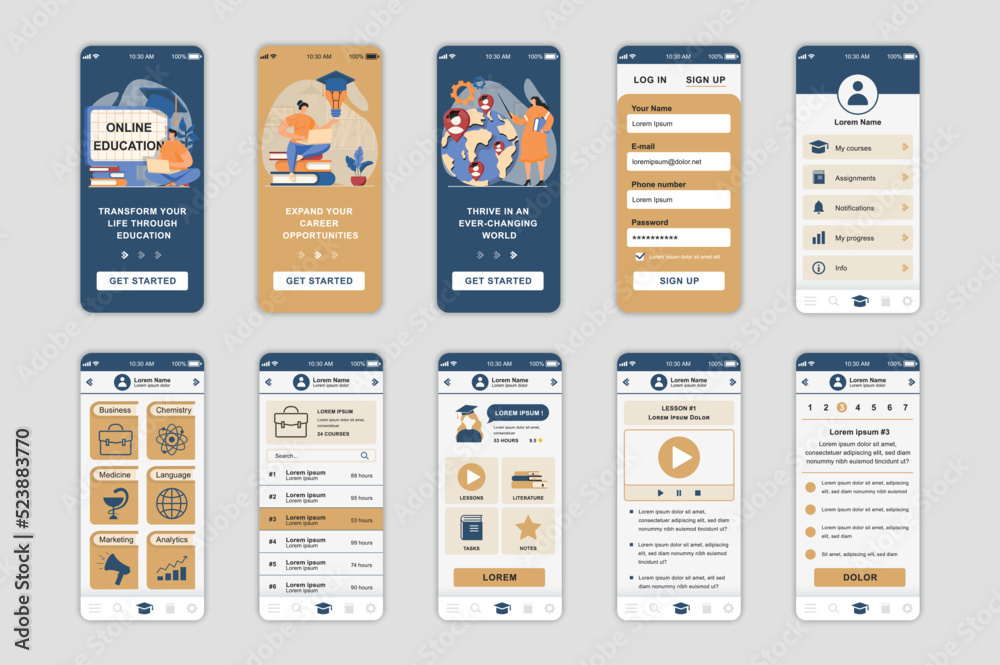 Aufkleber Education concept screens set for mobile app template. People learning online, remote study, skills training platform. UI, UX, GUI user interface kit for smartphone application layouts. Vector design