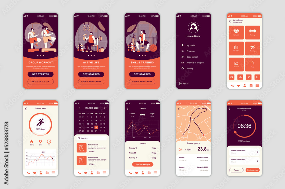 Poster fitness concept screens set for mobile app template. people at groupe workout, online training and h