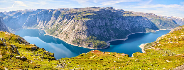 Ringedalsvatnet Lake near Troll's Tongue rock in Norway
