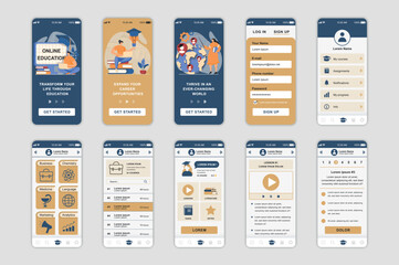 Education concept screens set for mobile app template. People learning online, remote study, skills training platform. UI, UX, GUI user interface kit for smartphone application layouts. Vector design