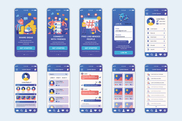 Social network concept screens set for mobile app template. People share ideas online, blogging, connect with friends. UI, UX, GUI user interface kit for smartphone application layouts. Vector design - obrazy, fototapety, plakaty