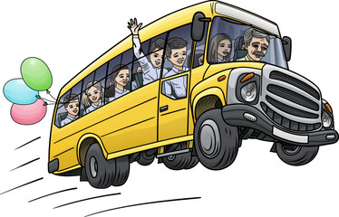 The driver takes a schoolchildren to school on a bus.