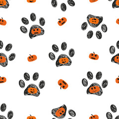 Doodle paw prints with funny pumpkin. Happy Halloween card. Fabric design seamless pattern