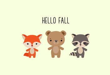 Hello autumn cute woodland animals. Kawaii fox, bear, raccoon. Adorable woodland animals fall design. Hello fall text. Flat design cartoon style vector illustration.
