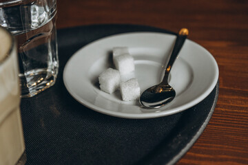 refined sugar (sugar cubes) on a saucer with a spoon