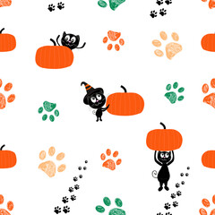 Black cute cats and pumpkins Happy Halloween card and fabric design seamless pattern