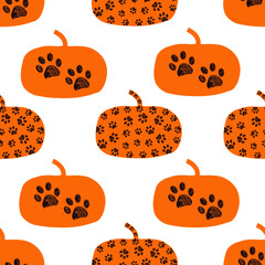 Made of paw prints pumpkins. Happy Halloween card