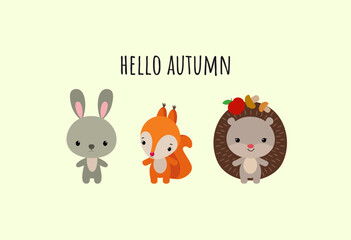Naklejka premium Hello fall cute woodland animals. Adorable woodland animals fall design. Hello autumn text. Kawaii hedgehog, squirrel, rabbit or hare. Flat design cartoon style vector illustration.