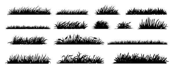 Grass set. Hand drawn grass borders, isolated on white background. Vector illustration.
