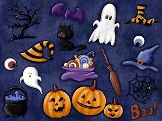 Halloween horizontal card with set of cartoon illustration on blue textured background. Trick or treat. Pumpkin, ghost, bat, hat, broom, socks, potion, pot, cat, spider, candy. Mystery and creepy.