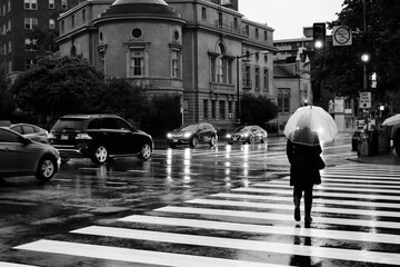 B&W image of a person walking in the rain with a bubble umbrella on the street in Washington DC.