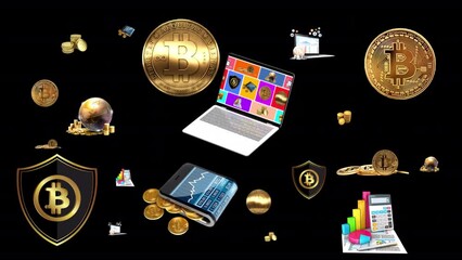 Moving animation of bitcoins. Transparent background and loop video. 