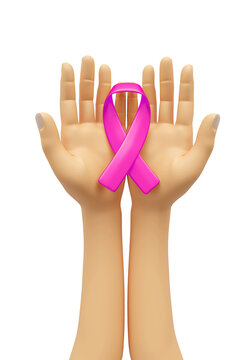 Hands with pink awareness ribbon in 3d render 
