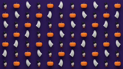 Fun Halloween ghost, skull, and pumpkin pattern on 8K purple background. 3D illustration render. 