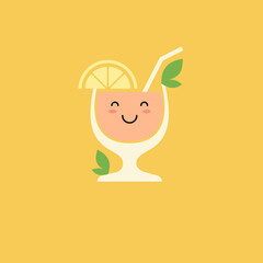 A bright summer poster advertises a refreshing drink. Orange juice in a glass with a straw. A glass glass with a drink.