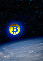 Digital Bitcoin currency space planet. Elements of this image furnished by NASA https://images.nasa.gov/