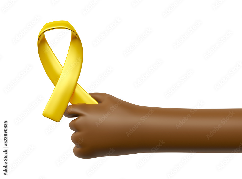 Sticker hand with yellow awareness ribbon in 3d render