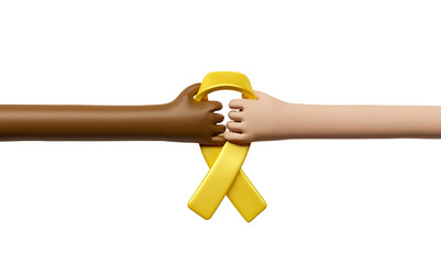 Hand with yellow awareness ribbon in 3d render - obrazy, fototapety, plakaty