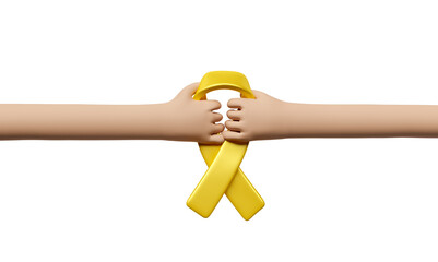 Hands with yellow awareness ribbon in 3d render  - obrazy, fototapety, plakaty