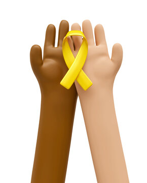 Hands with yellow awareness ribbon in 3d render
