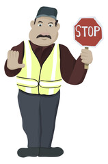 Male crossing guard standing with stop sign making stop hand gesture cartoon illustration