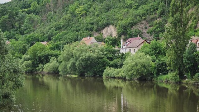 Houses near the Karsten Castle in the Czech Republic, Berounka river