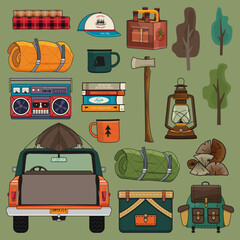 Camping adventure clipart set. Summer hiking and outdoors collection with camp car, backpack, axe, beer and other elements. Stock vector objects isolated on green background
