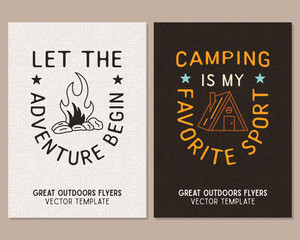 Camping flyer templates. Travel adventure posters set with line art and flat emblems and quotes - Let the adventure begin. Summer A4 cards for outdoor parties. Stock vector