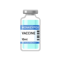 Monkeypox vaccine vial, bottle of medicine isolated on white background. Monkeypox virus concept. Injection tool for immunization treatment. Vector flat illustration.