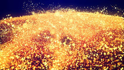 Fototapeta na wymiar Abstract bg, golden magic glitters fly in air form beautiful swirls. Fiery sparkles float in viscous liquid. Sparkles in flow of turbulence force. 3d render