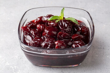 Jars with freshly homemade cherry jam, sour cherry jam, Turkish name; Visne receli