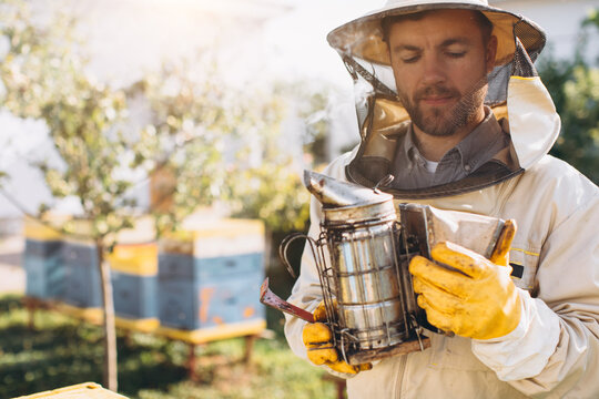 Portrait of a happy male beekeeper working in an apiary near beehives with bees. Collect honey. Beekeeper on apiary. Beekeeping concept. - Powered by Adobe