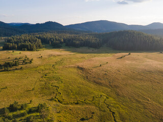 Aerial Sunset view of  Rhodopes Mountains, Bulgaria