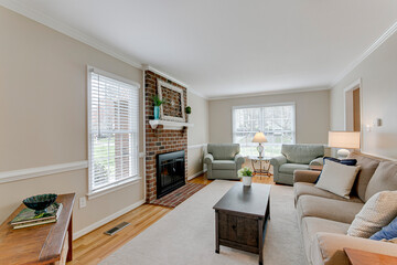 Modern living room brick fireplace furniture hardwood floors
