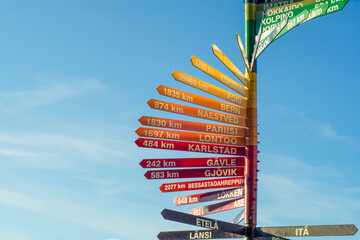 Variety of direction signs. Colored signs showing the distance in kilometers to Swedish and Finnish cities against a clear blue sky. Tourist layout; travel concept. 