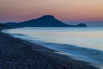 Afandou sea beach in Rhodes at sunrise of sunny summer day, Greece, Europe.