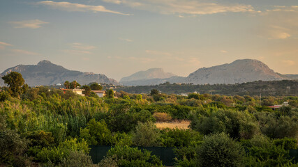 A landscape view of the interior of the Rhodes island with mountains on a background, Greece, Europe.