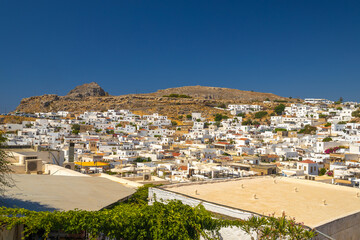 Panoramic view of Lindos town on Rhodes island, Greece, Europe.