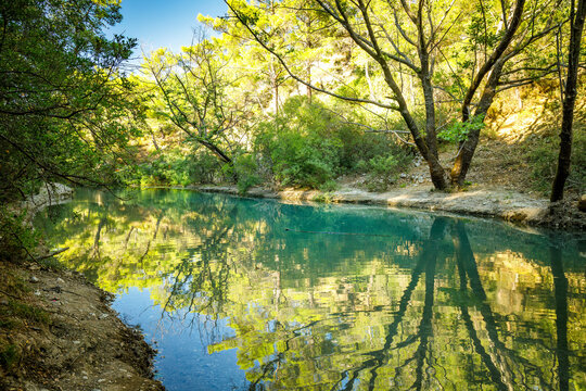 Lake in The seven springs waterfall forest area in the island of Rhodes, Greece, Europe.