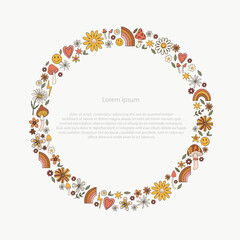 Cute groovy elements in circle frame. Retro design template for invitation, presentation, poster and other.