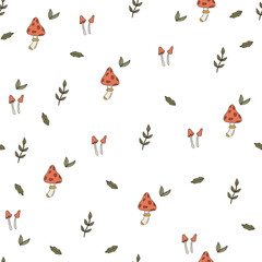 Seamless pattern with cute red mushrooms and leaves on white background. Autmn simple pattern.