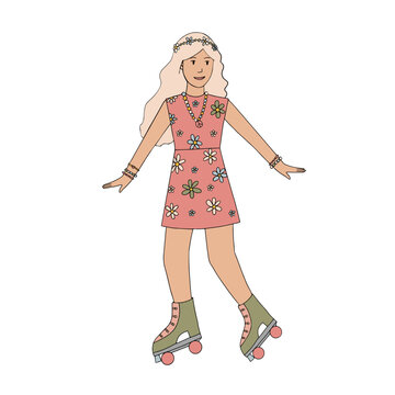 Roller groovy girl in a pink flowered dress Hippie girl 70s flat color illustration. doodle style. Colorful vector illustration. Flower power girl om isolated background.