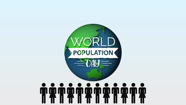 3D rendering of the Earth rotating and people underneath with  world population day text