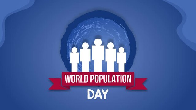 3D rendering of white silhouettes and World Population Day text appears on a spinning blue circle.