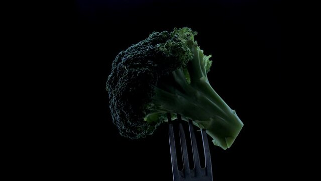 Broccoli impaled on a fork rotates on a dark background.