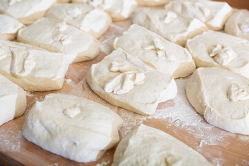 Fototapeta na wymiar Prepared raw dough on tray in a bakery