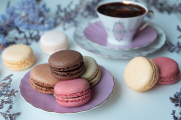 Mix of colorful, appetizing macarons and delicious coffee in porcelain cup on white table decorated with blurred flowers. Dry flowers. Greeting card.